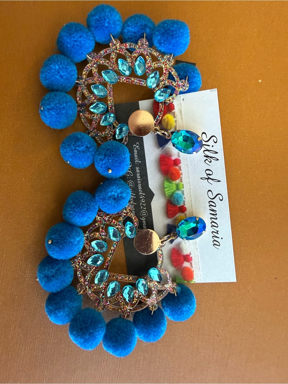 Bold Blue Pom Pom Crystal Statement Earrings
